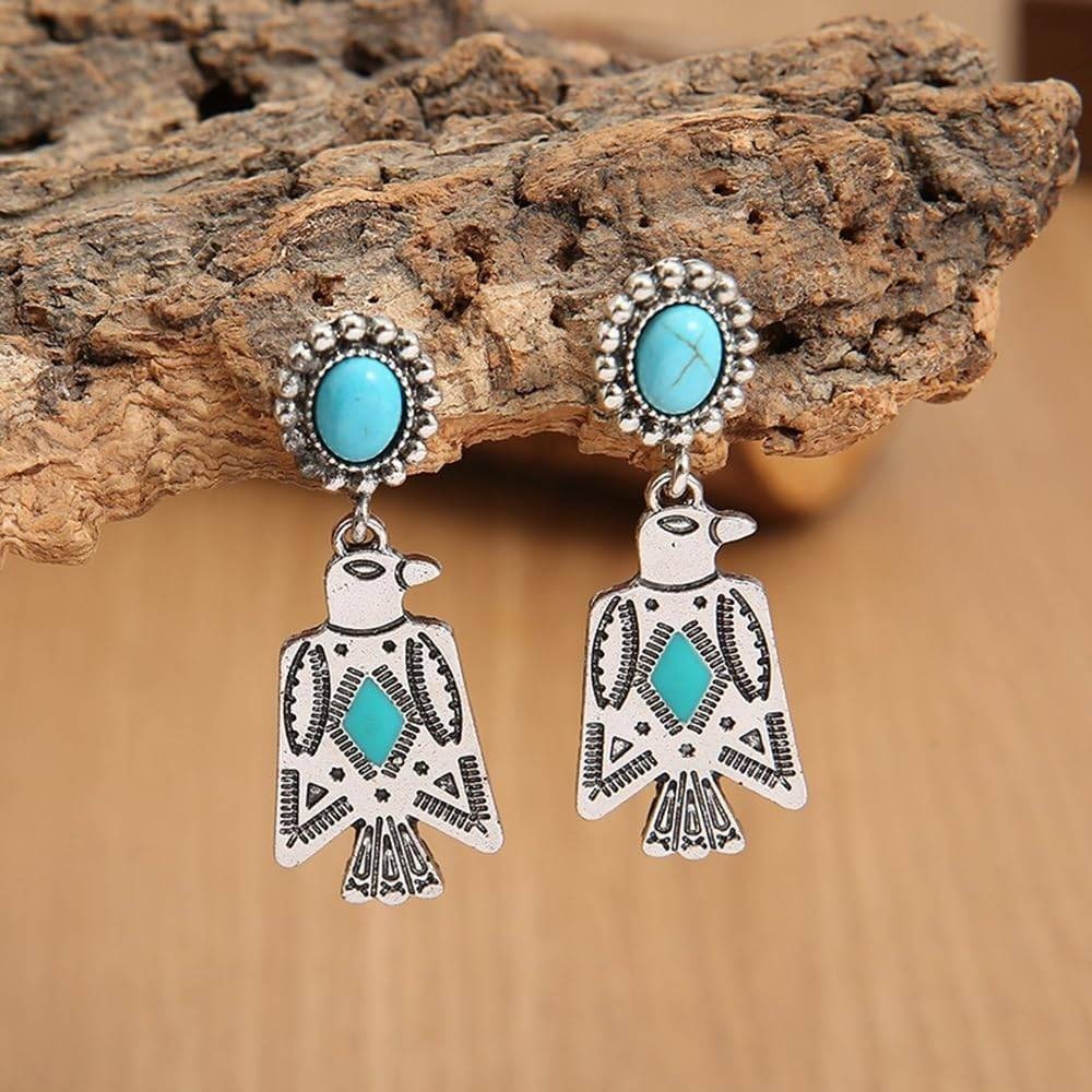 Boho bird Turquoise Drop Earrings aztec Southwestern Silver Tone Tribal‎ Jewelry - Picture 2 of 3
